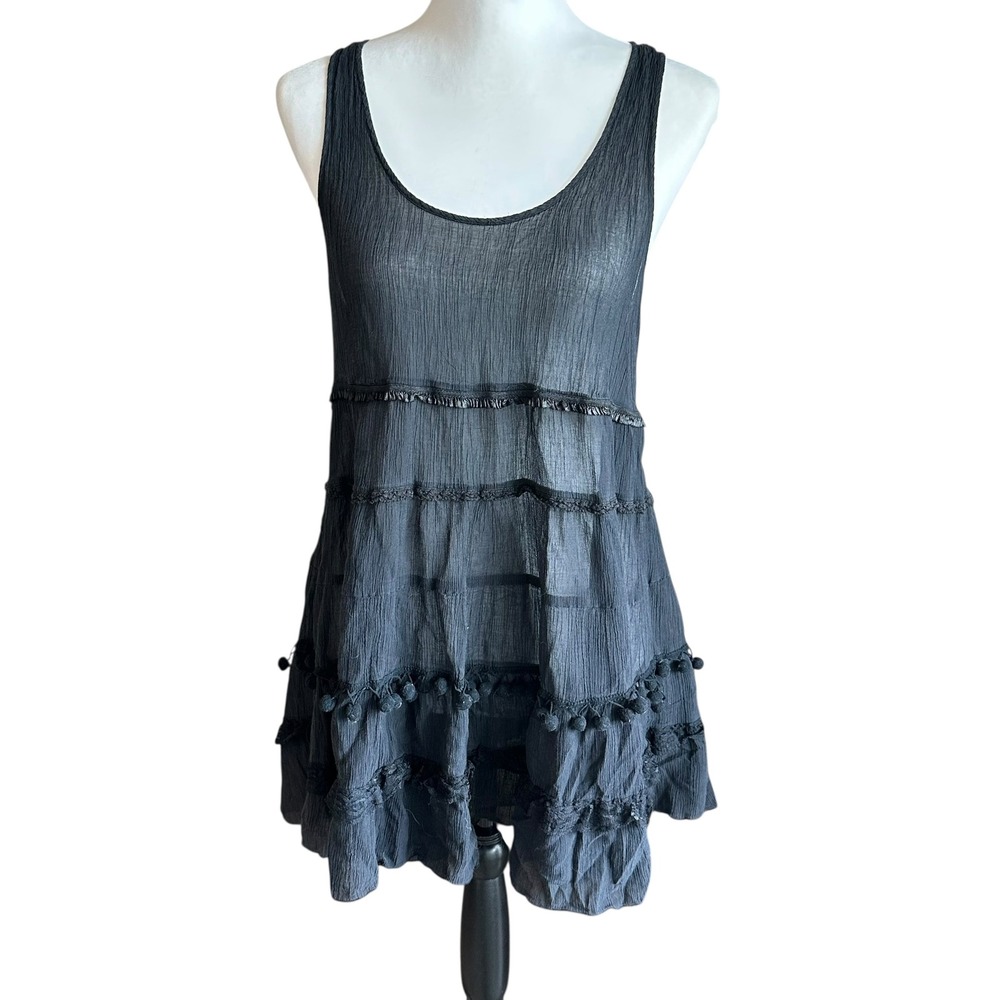 Feather Bone Tank Top Women Large Black Silk Blend Tiered Pom Pom Boho Anthro